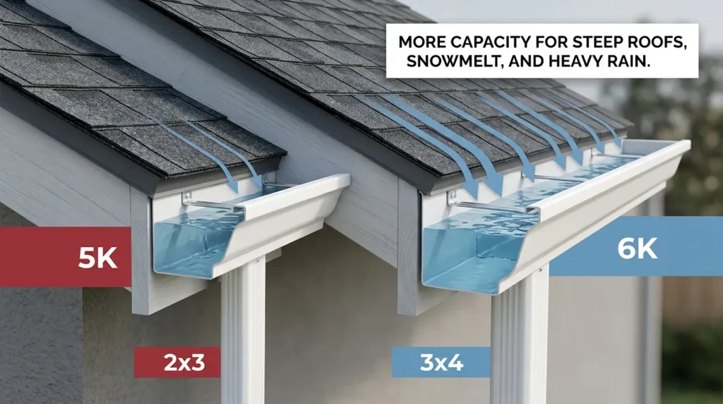 Close-up comparison of 5K and 6K K-style gutters showing larger water capacity and downspout size for Utah homes
